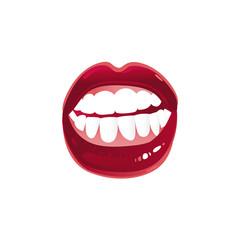 Vector cartoon woman mouth with sexy lips white teeth. Red lipstick makeup glamour fashion style glossy sensual kiss symbol. Isolated illustration on a white background.