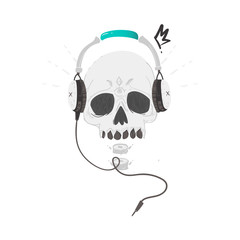 Human skull with tattoos wearing headphone, earphones, rock music, heavy metal icon, sign, symbol, vector illustration isolated on white background. Rock music icon with skull in headphones, earphones
