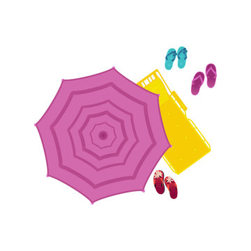 Vector cartoon travelling, beach vacation symbol beach umbrella, sunshade sun paraso, lounger slippers icon. Summer holiday poster, banner design element. Isolated illustration, white background