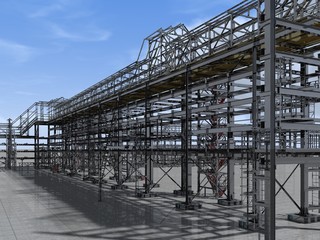 Shiny overpass for cables, gas and oil pipelines from columns, beams and ties. Architectural, engineering and construction hair dryer. 3D rendering.