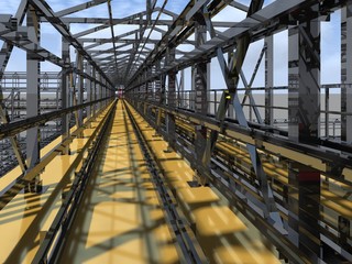 Shiny overpass for cables, gas and oil pipelines from columns, beams and ties. Architectural, engineering and construction hair dryer. 3D rendering.