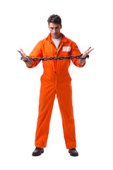 Prisoner with his hands chained isolated on white background