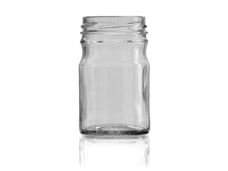empty jar of transparent glass with reflection, isolated on white background