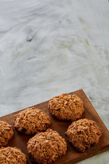 Top view close-up picture of tasty cookies on the cutting board, shallow depth of field, selective focus