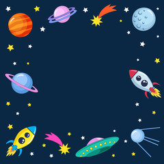 Cute colorful background template with space mars stars planets ufo rockets spaceships satellite and comet on dark background. Vector illustration, frame for kids