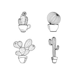 Vector set of hand drawn cactus in pot. Cartoon cactus. Colorin page book from cactus