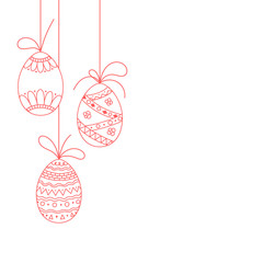 Vector Easter invitation card from three doodle Easter eggs. Hand drawing Easter template from red eggs