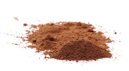 Cocoa powder pile isolated on white background