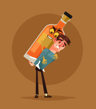 Drunk alcoholic man character carry alcohol bottle. Alcoholism concept. Vector cartoon illustration