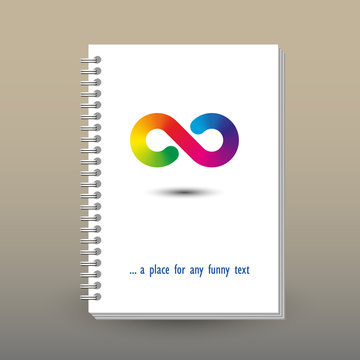 vector cover of diary or notebook with ring spiral binder - format A5 - layout brochure concept - rainbow spectrum colored infinity symbol