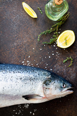 Fresh salmon and ingredients for cooking (olive oil, lemon, spices). Proper nutrition. Copy space, top view flat lay background.