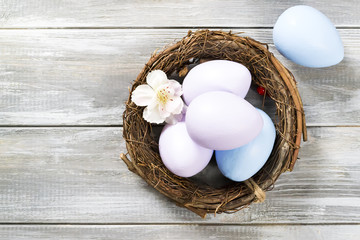 Colored easter eggs in a basket with spring flowers on a wooden gray background. Happy Easter. Flat lay