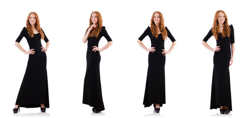 Fototapeta premium Redhead in black dress isolated on white