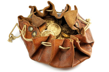 Swiss Vreneli gold coins in a leather purse isolated on background