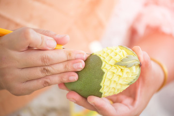 The hand carved fruit is one of the art of Thailand, one of fine