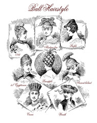 Fashion 1890 caricature and fun: clever hairstyles for a ball