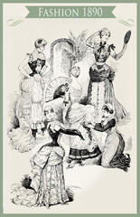 Fashion 1890 caricature and fun:  young ladies with fans, frills and laces ready for a party and a maiden for the final touch