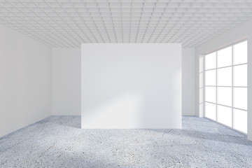 Empty bright office room with large billboard. Light ray on wall. 3D Rendering.