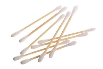 Cotton ear stick isolated on white background macro top view. Flat lay