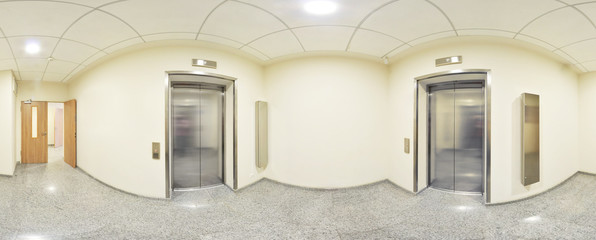 Spherical 360 degrees panorama projection, panorama in interior empty long corridor with doors and...