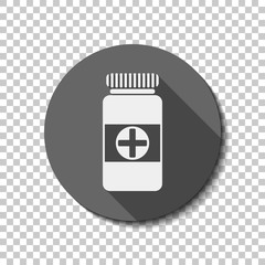 Bank of pills icon. White flat icon with long shadow in circle on transparent background