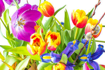 Bunch of flowers, including tulips and willow