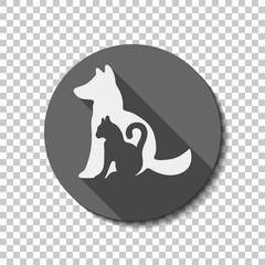 cat and dog icon. White flat icon with long shadow in circle on transparent background