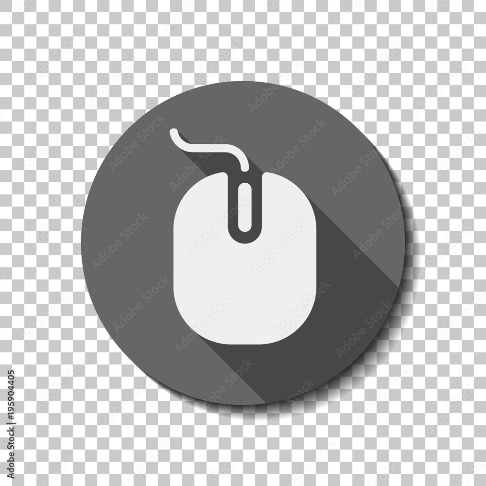Poster computer mouse icon. white flat icon with long shadow in circle on transparent background