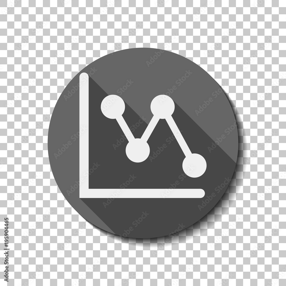 Poster declining graph line icon. white flat icon with long shadow in circle on transparent background