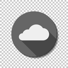 cloud icon. White flat icon with long shadow in circle on transparent background