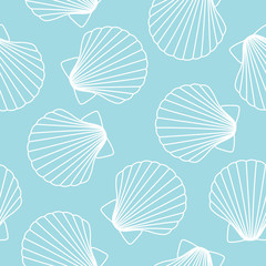 white seashells on blue background sea ocean shell pattern seamless vector - 195904428