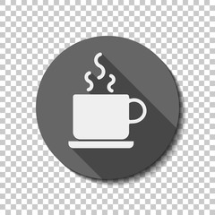 cup of hot tea or coffee icon. White flat icon with long shadow in circle on transparent background