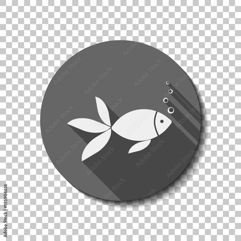 Poster fish with bubbles icon. white flat icon with long shadow in circle on transparent background