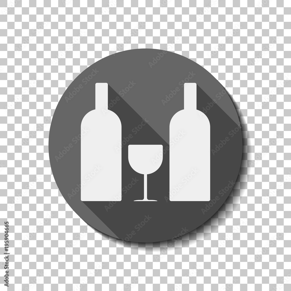 Poster glass and bottles icon. white flat icon with long shadow in circle on transparent background