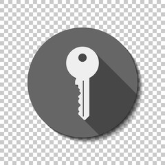 key icon. White flat icon with long shadow in circle on transparent background