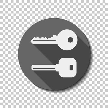 keys icons set. White flat icon with long shadow in circle on transparent background