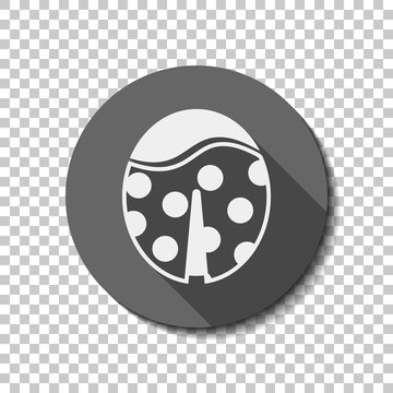 Ladybug icon. White flat icon with long shadow in circle on transparent background