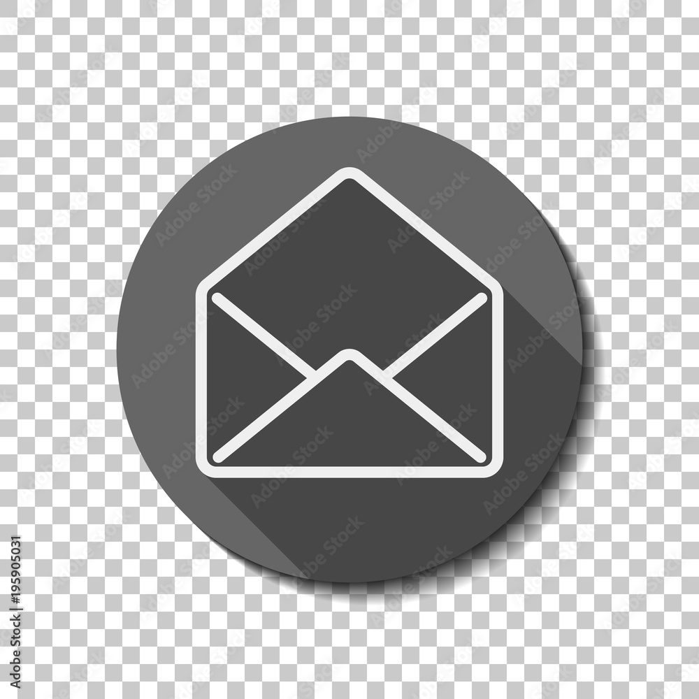 Poster mail open icon. white flat icon with long shadow in circle on transparent background