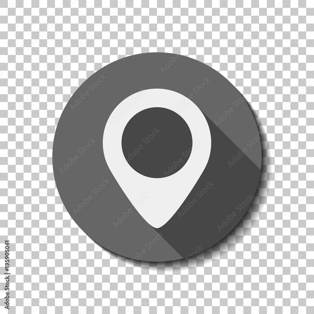 Poster map label icon. white flat icon with long shadow in circle on transparent background