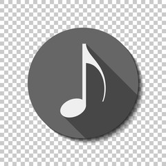 Music note icon. White flat icon with long shadow in circle on transparent background