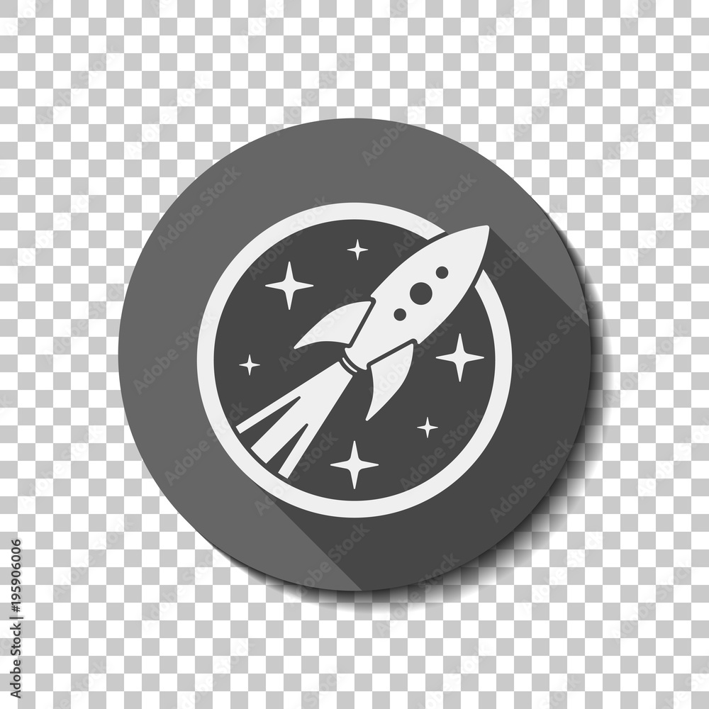 Poster rocket launch with stars in circle icon. white flat icon with long shadow in circle on transparent b