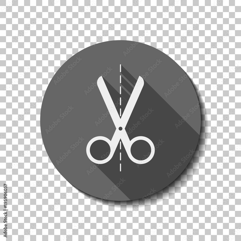 Poster scissors icon. white flat icon with long shadow in circle on transparent background