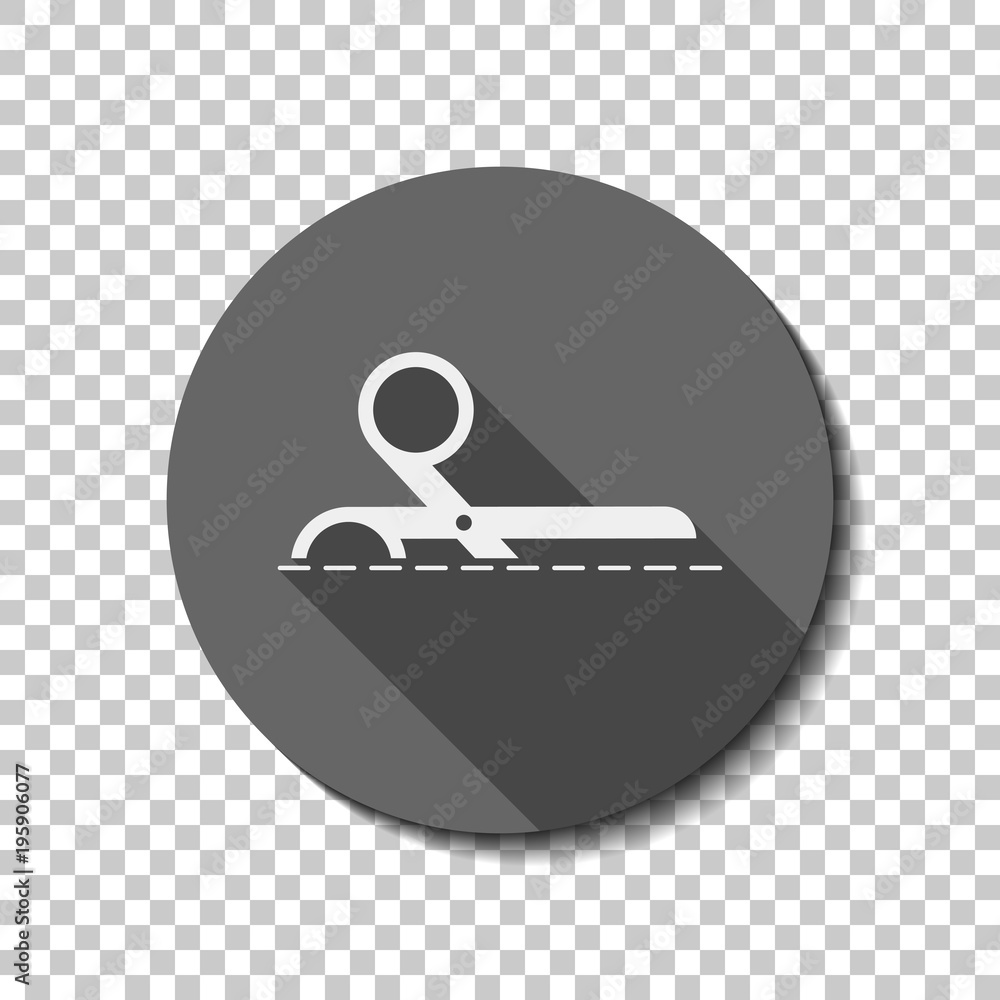 Poster scissors icon. white flat icon with long shadow in circle on transparent background