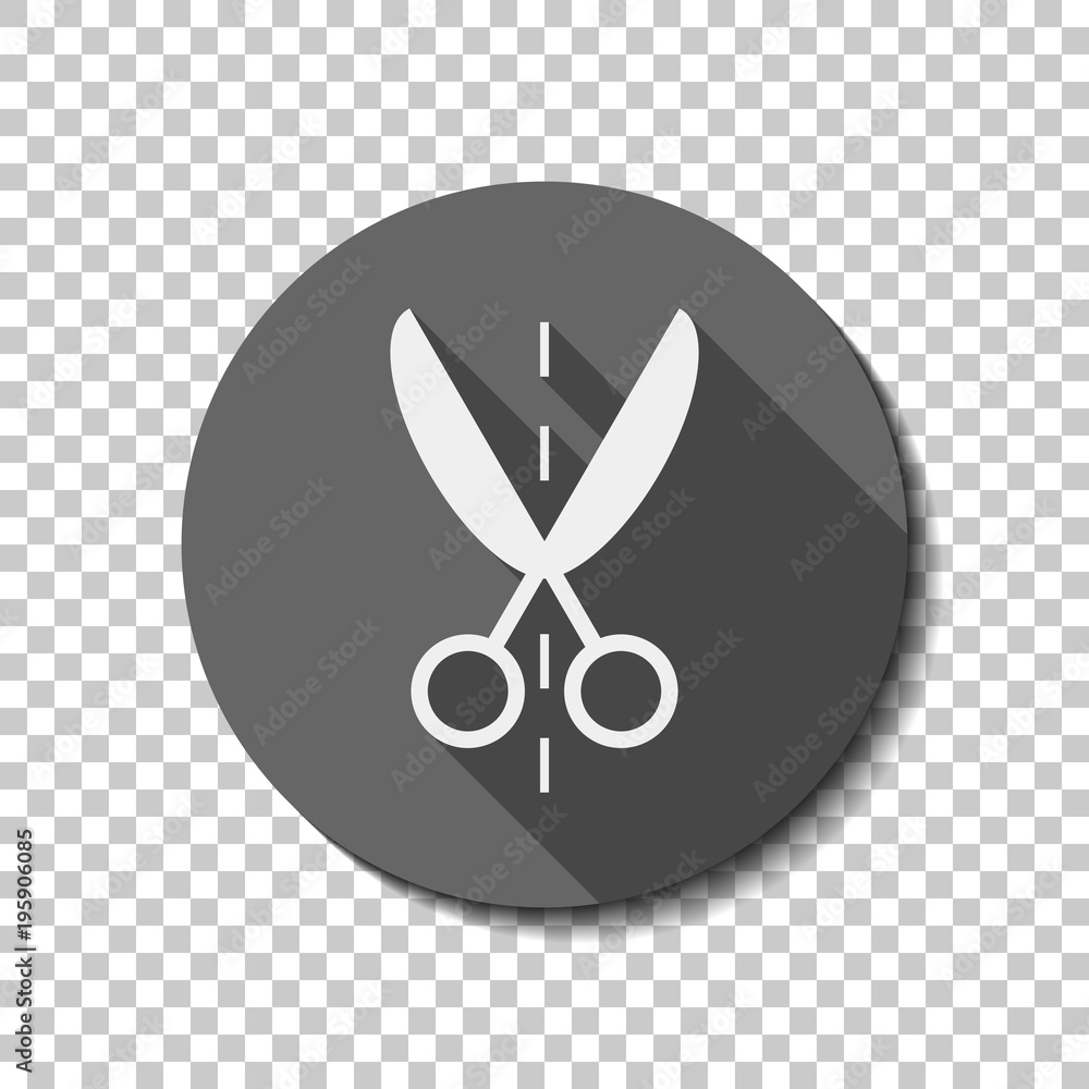 Poster scissor icon. white flat icon with long shadow in circle on transparent background
