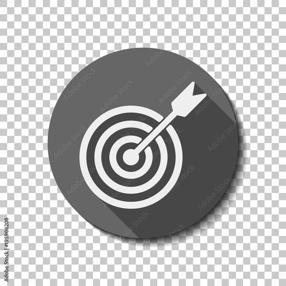 Poster target icon. white flat icon with long shadow in circle on transparent background