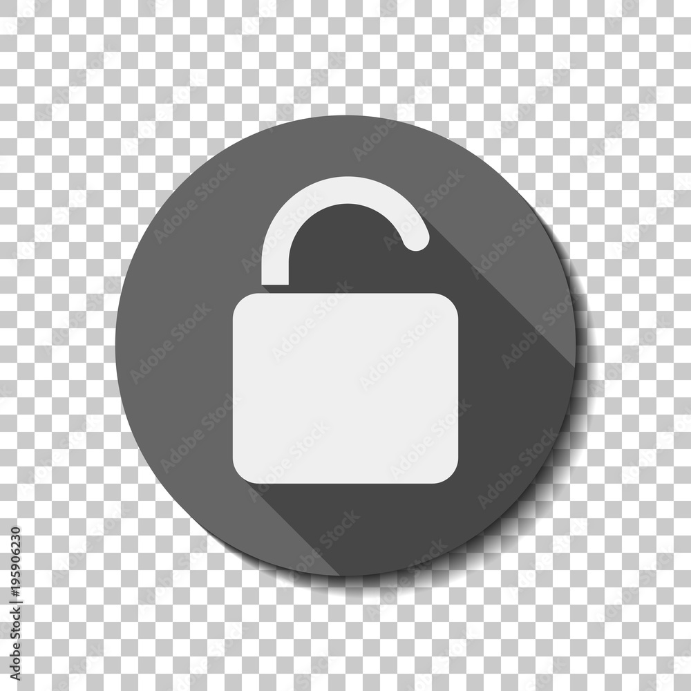 Poster unlock icon. white flat icon with long shadow in circle on transparent background