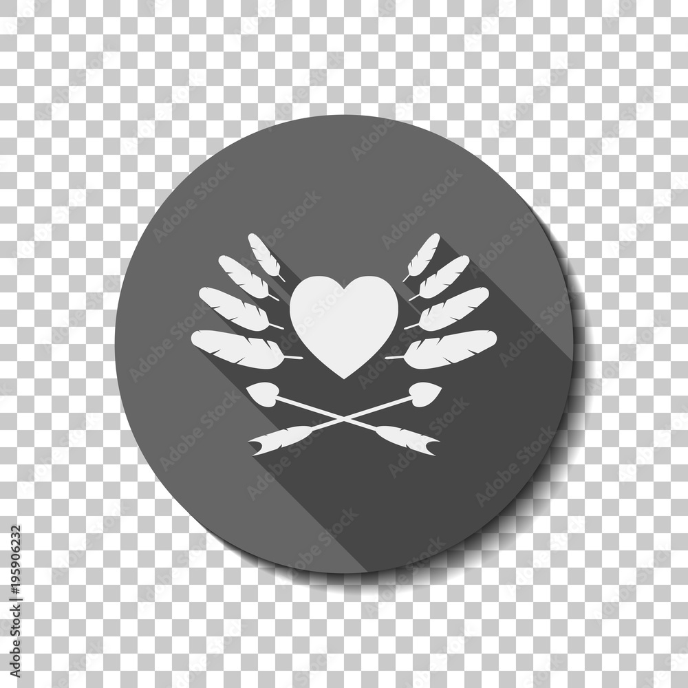 Poster uncolored icon of valentine's day with heart, feathers and arrows. white flat icon with long sha