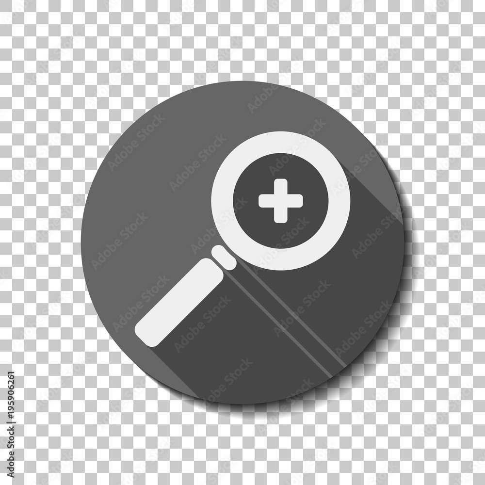 Poster zoom in icon. white flat icon with long shadow in circle on transparent background
