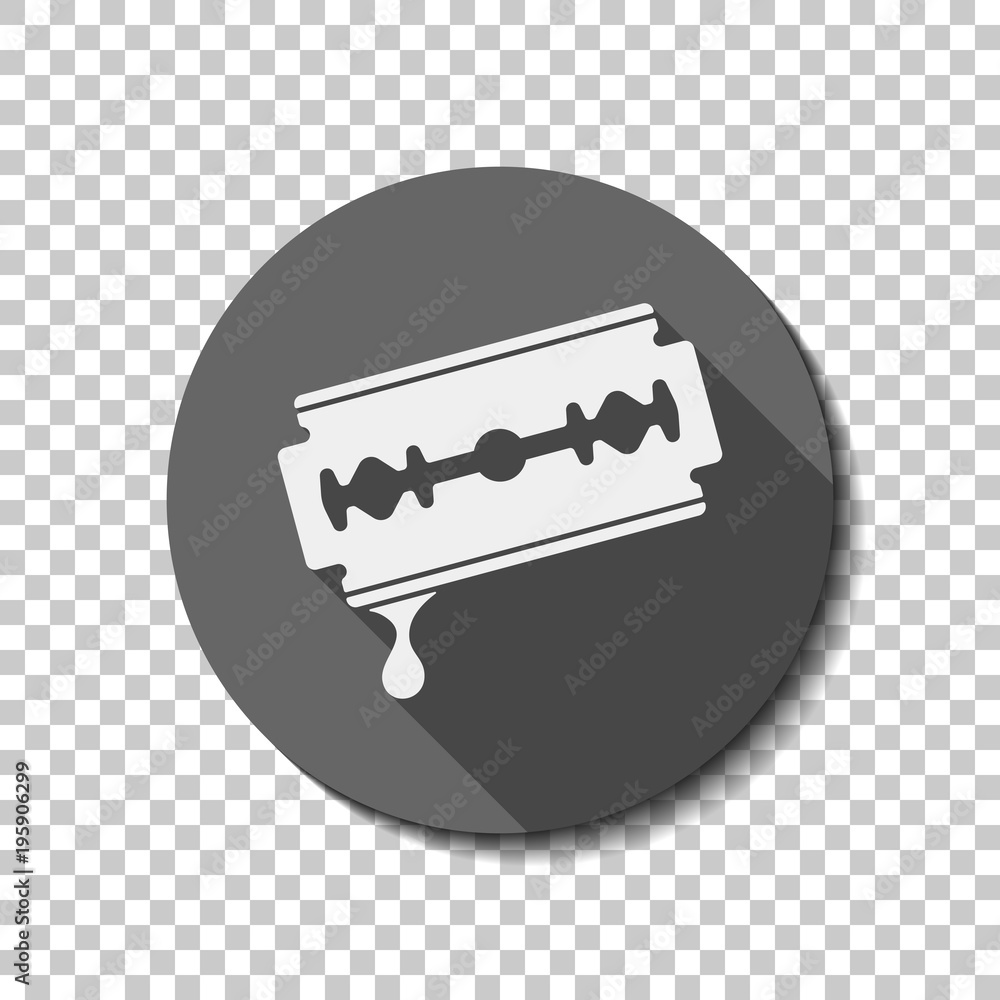 Poster blade with drop of blood. simple silhouette. white flat icon with long shadow in circle on transpare