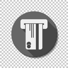ATM machine and credit card. simple silhouette. White flat icon with long shadow in circle on transparent background